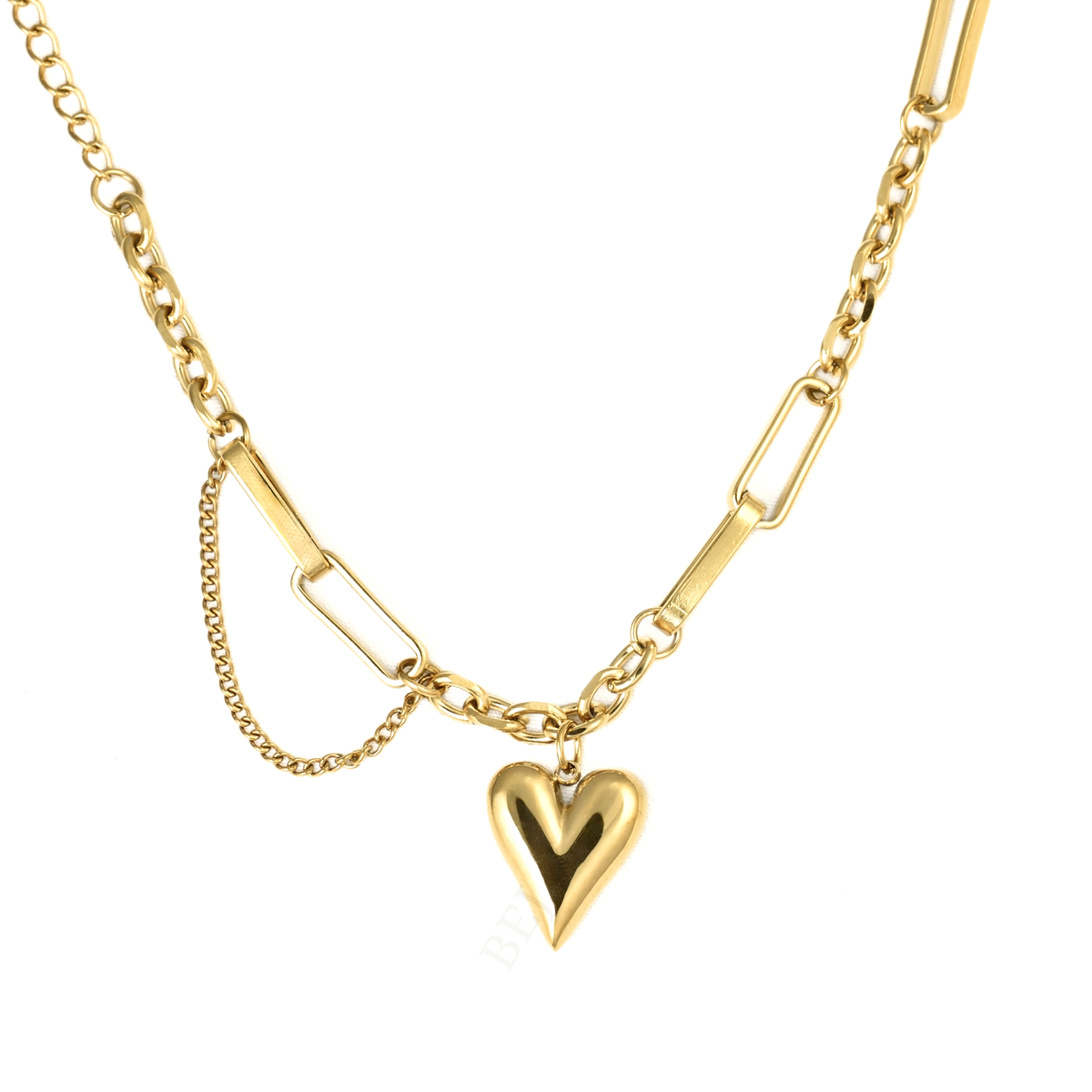Gold Mixed Chain Puffy Heart Necklace - Stainless Steel