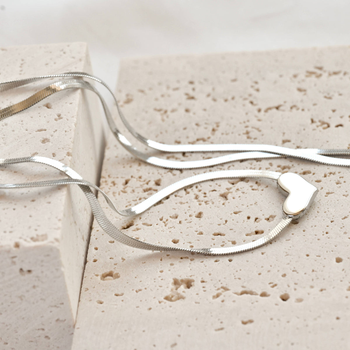 Tiny Heart Necklace with Herringbone Chain - Stainless Steel