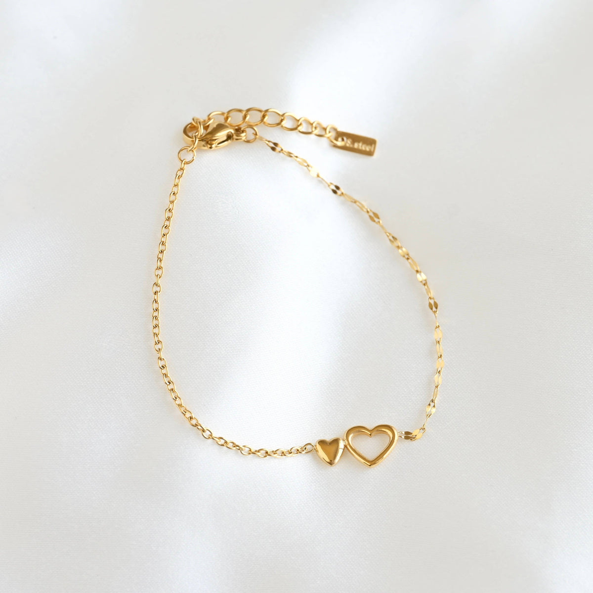 Gold Mixed Chain Double Heart Bracelet - Stainless Steel
