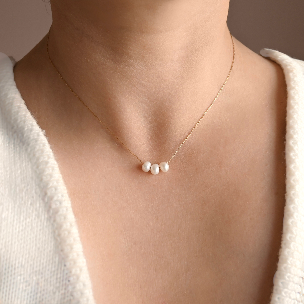 Gold Triple Freshwater Pearl Necklace - Stainless Steel