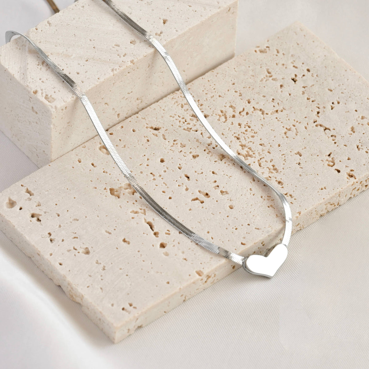 Tiny Heart Necklace with Herringbone Chain - Stainless Steel