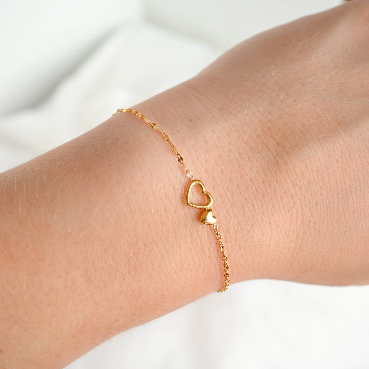Gold Mixed Chain Double Heart Bracelet - Stainless Steel