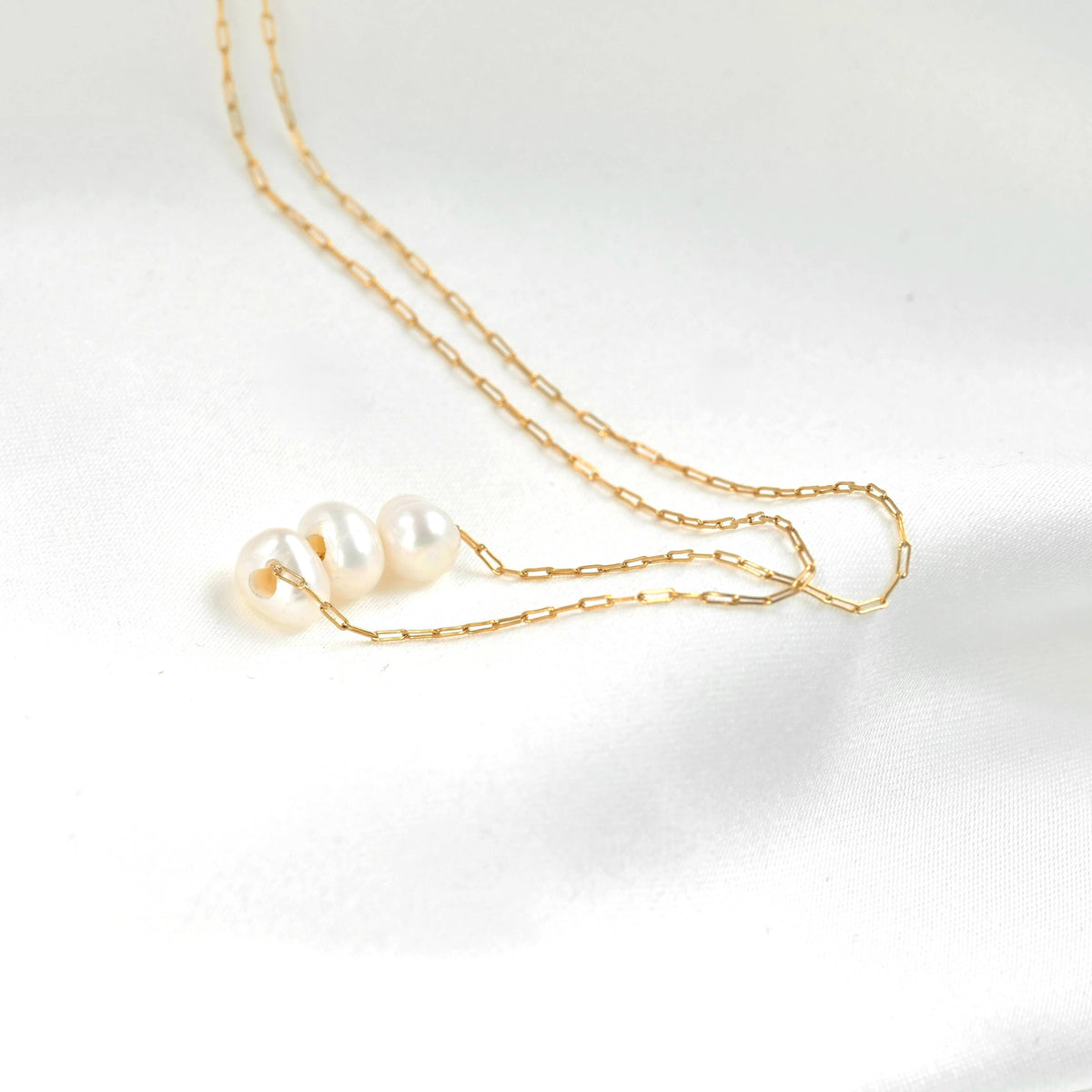 Gold Triple Freshwater Pearl Necklace - Stainless Steel