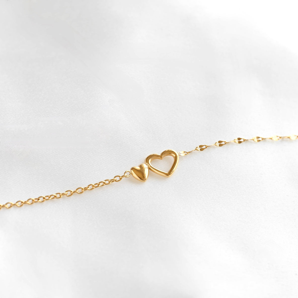 Gold Mixed Chain Double Heart Bracelet - Stainless Steel
