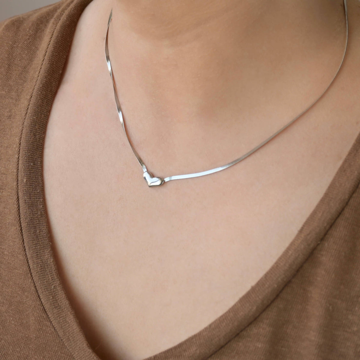 Tiny Heart Necklace with Herringbone Chain - Stainless Steel
