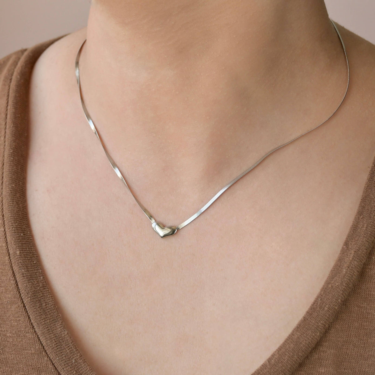 Tiny Heart Necklace with Herringbone Chain - Stainless Steel