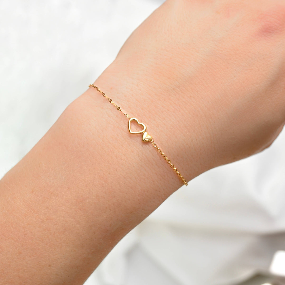 Gold Mixed Chain Double Heart Bracelet - Stainless Steel