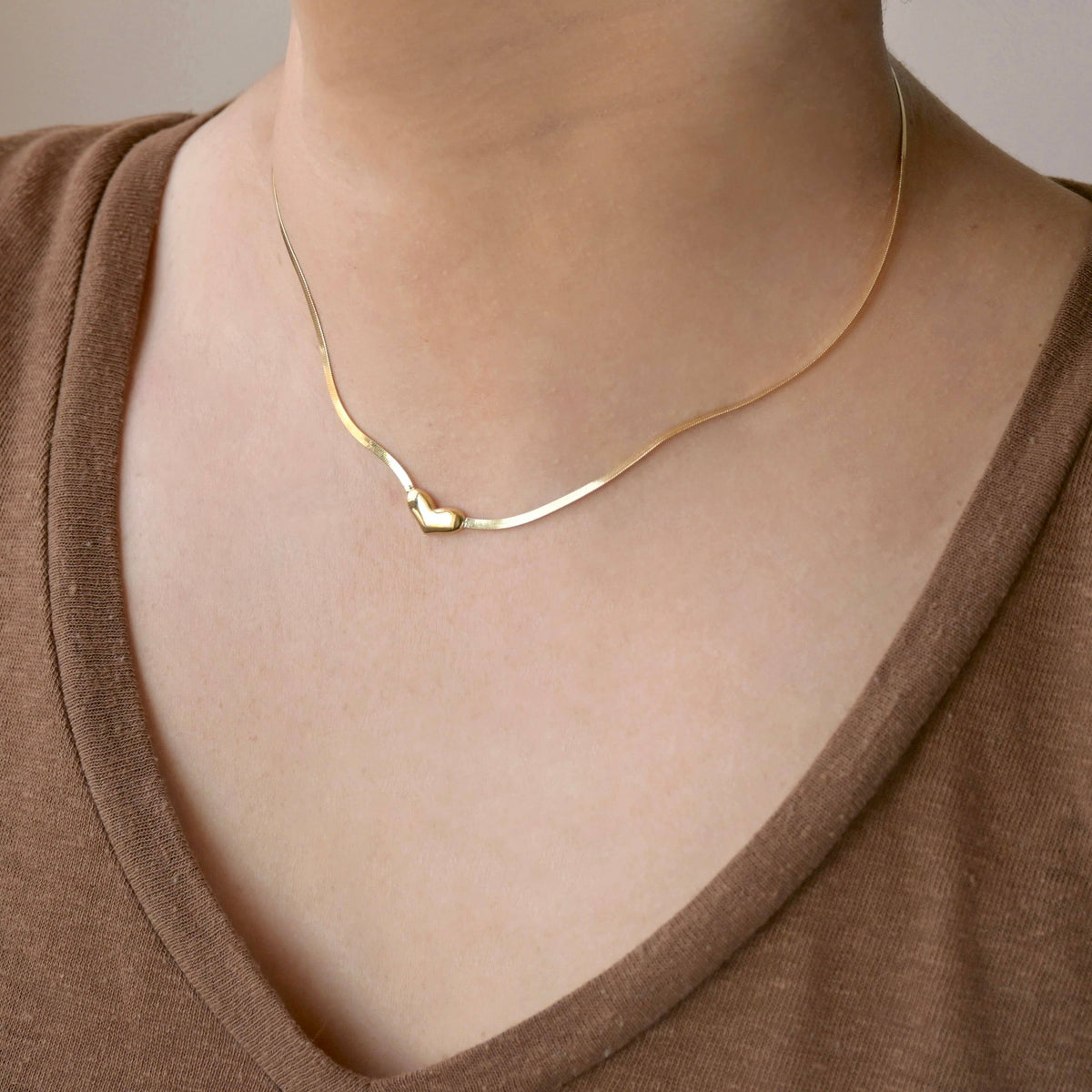 Tiny Heart Necklace with Herringbone Chain - Stainless Steel