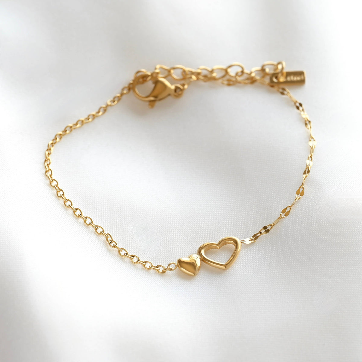 Gold Mixed Chain Double Heart Bracelet - Stainless Steel