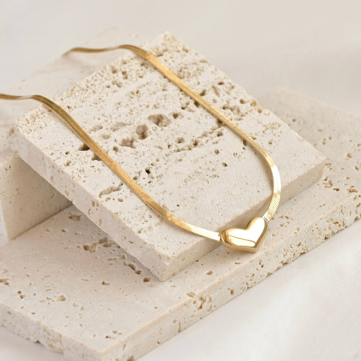 Tiny Heart Necklace with Herringbone Chain - Stainless Steel
