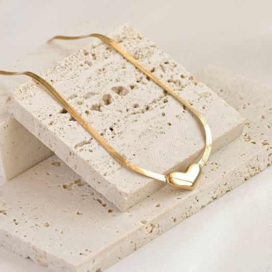 Tiny Heart Necklace with Herringbone Chain - Stainless Steel