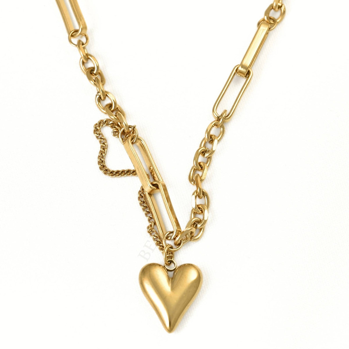 Gold Mixed Chain Puffy Heart Necklace - Stainless Steel