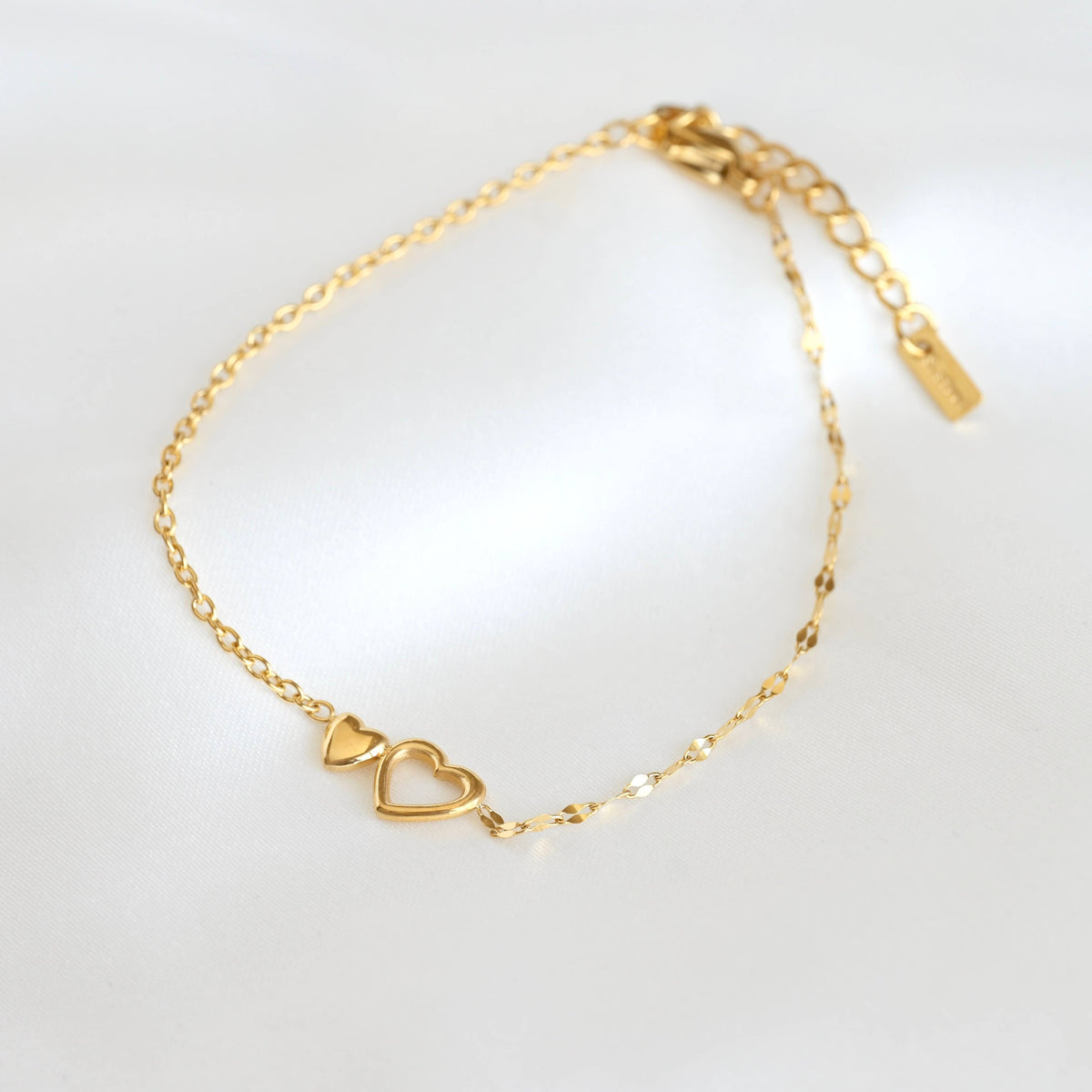 Gold Mixed Chain Double Heart Bracelet - Stainless Steel