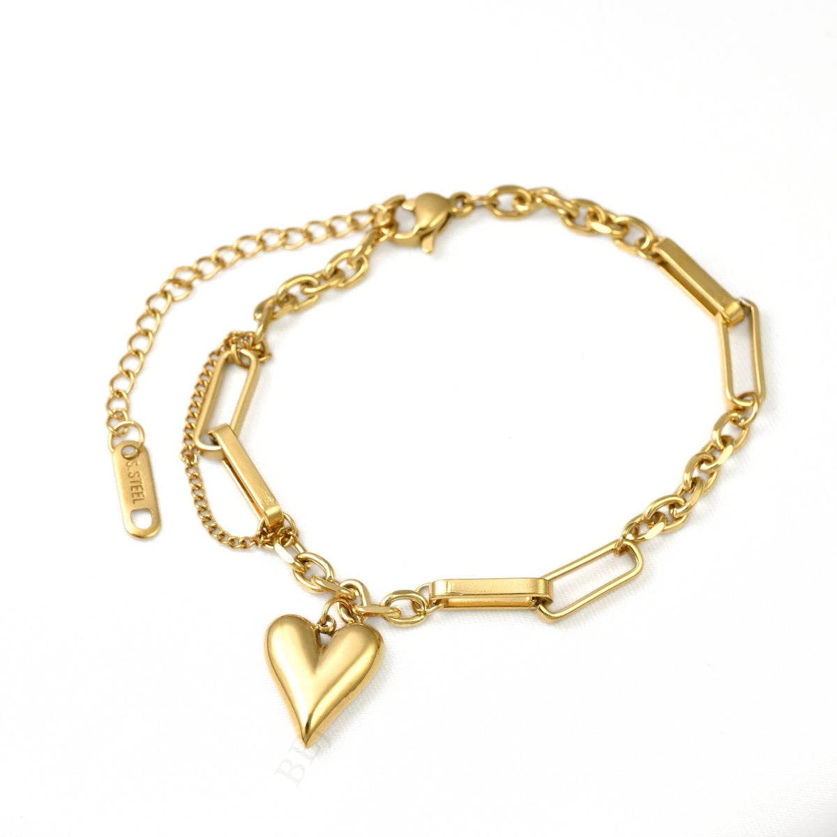 Gold Mixed Chain Puffy Heart Necklace - Stainless Steel