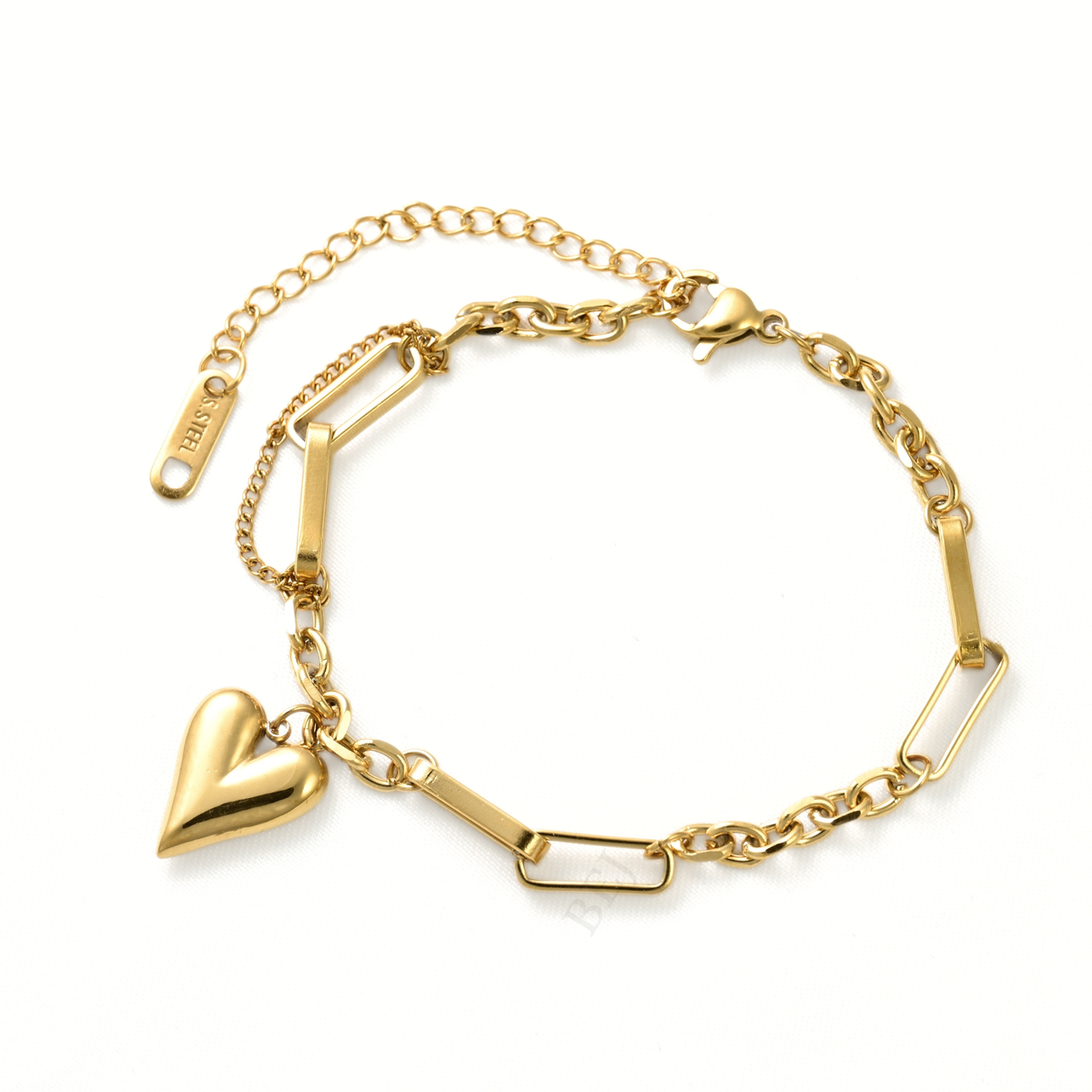 Gold Mixed Chain Puffy Heart Necklace - Stainless Steel