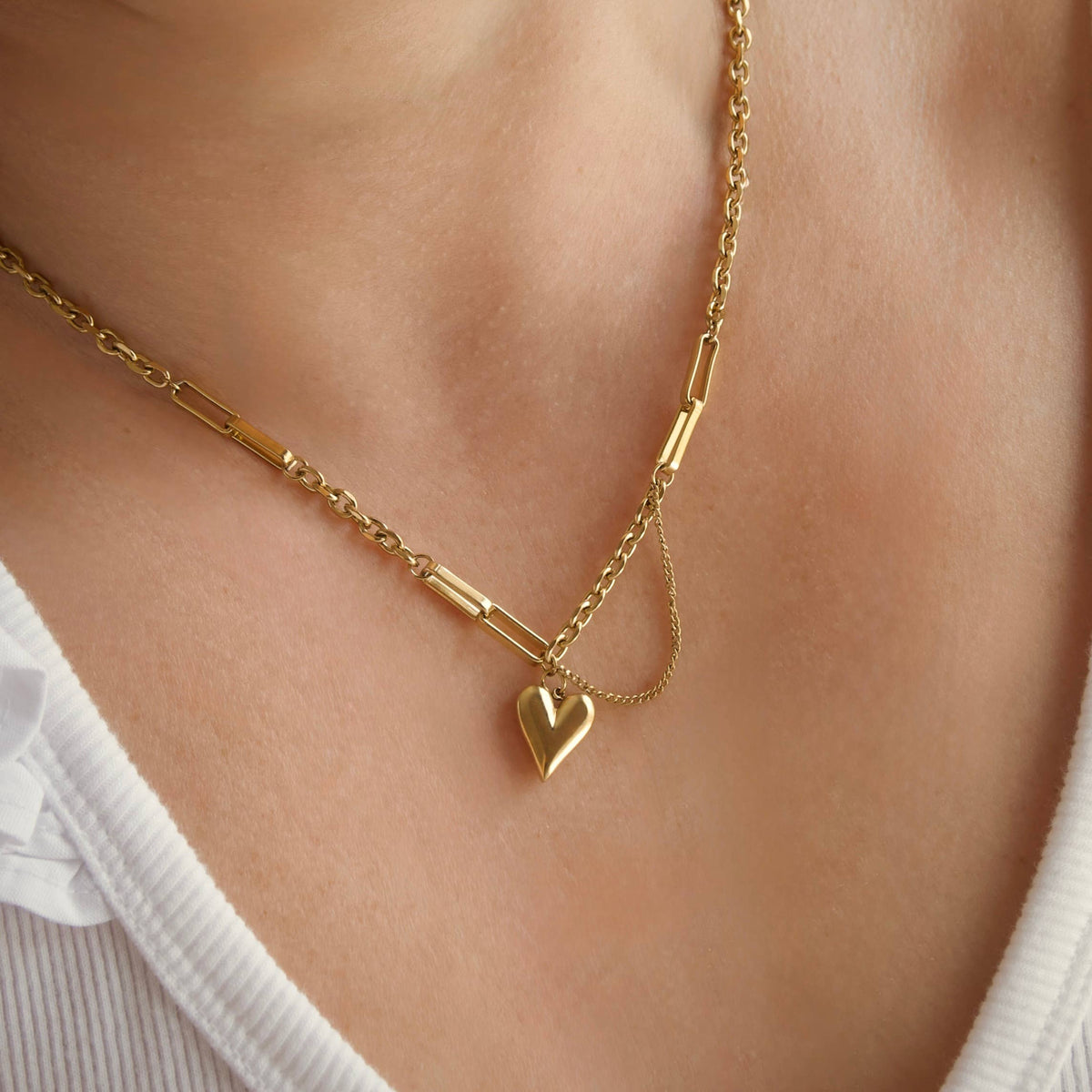 Gold Mixed Chain Puffy Heart Necklace - Stainless Steel