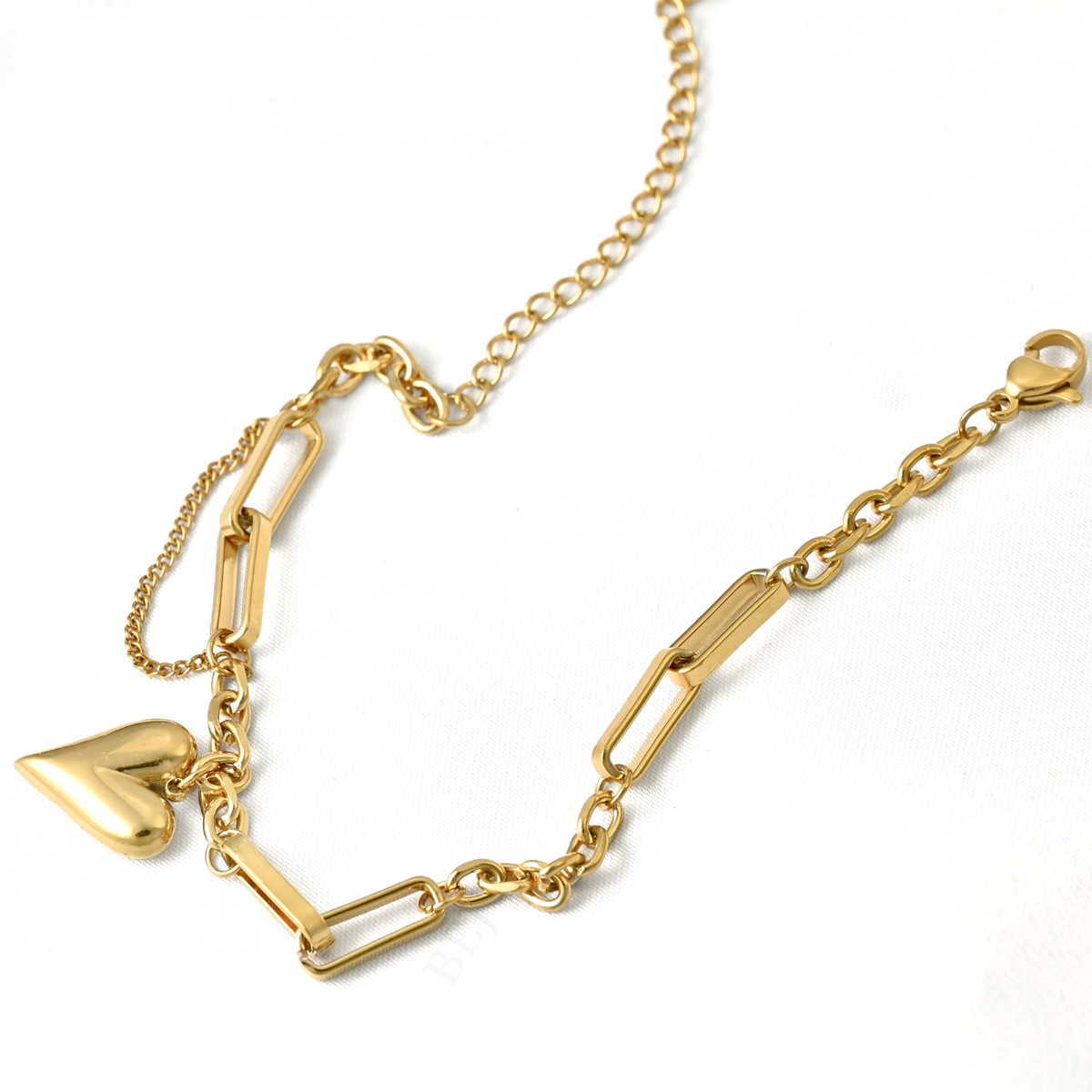 Gold Mixed Chain Puffy Heart Necklace - Stainless Steel