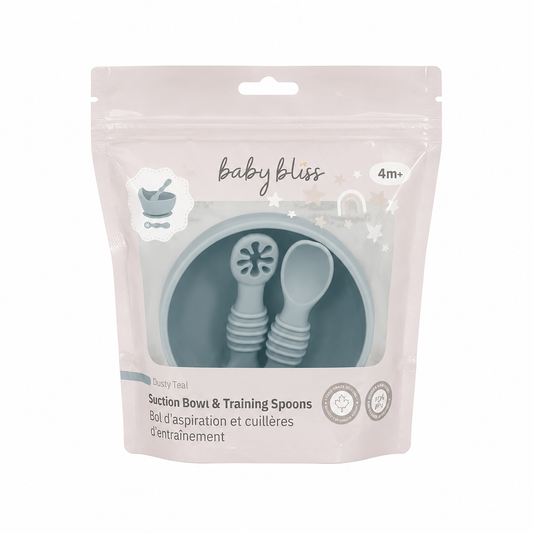 Suction Bowl & Training Spoons - Dusty Teal